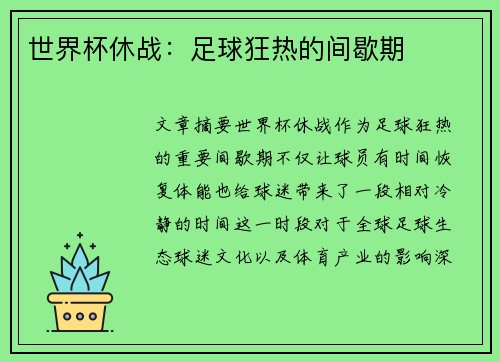 世界杯休战：足球狂热的间歇期